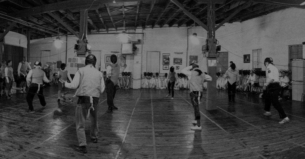 fencing class, fencing room, black and white